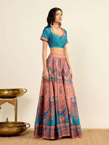Aarke Ritu Kumar Teal Square Neck Blouse With Lehenga And Dupatta