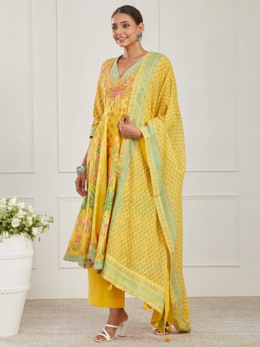 BIBA Printed Cotton Kalidar Casual Kurta With Palazzo And Dupatta