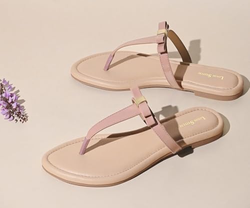 LOUIS STITCH Women’s Slip-On T-Strap Flat Sandals | Open Toe Peach Pink Stylish Sandal for Ladies, Fashionable and Comfortable Sandal | LSOF-FI01-TSNU | UK-8