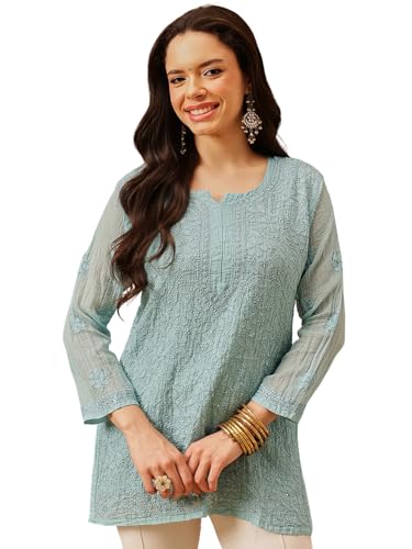 Ada Hand Embroidered Lucknowi Chikankari Kota Top Tunic Kurti with Slip for Women & Girls A911180 Green (XL)