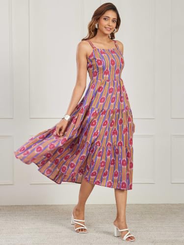 BIBA Dyed Cotton A Line Casual Dress Blue