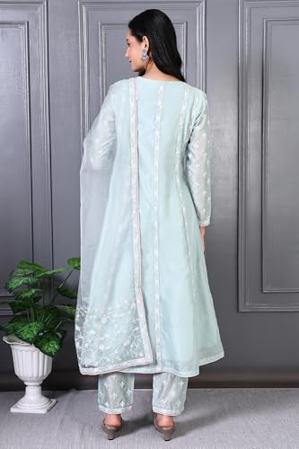 Wishful Women’s Thread Embroidered Silk Chanderi Flared Kurta and Straight Pant, Dupatta Set (Size: XL)-SP12468-400951