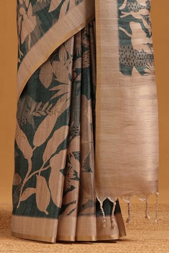 Soch Womens Teal Blue Tussar Floral Printed Saree