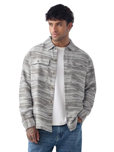 The Souled Store Jacquard: Ash Terrain Men and Boys Full Sleeves Spread Collar Button Front Textured Cotton Polyester Lightweight Everyday Casual Oversized Shacket