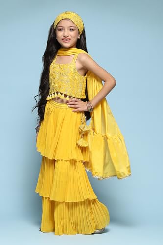 BIBA Girls SOLID; EMBROIDRED SHORT_KURTA KID(KW5444_YELLOW_5)