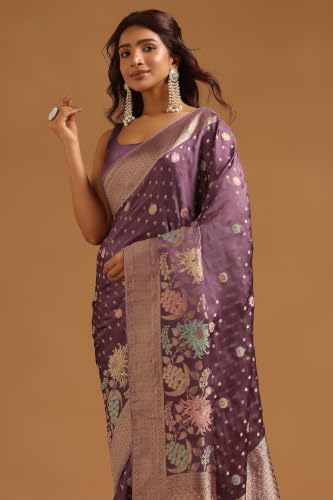 Soch Womens Lavender Satin Botanical Zari Woven Saree
