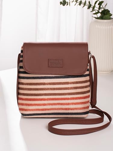 ZOUK Qutub Stripes Printed Women’s Jute Sling Bag | Handcrafted Vegan Leather Multicolor Flap Shoulder Bag