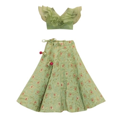 Hopscotch Girls Cotton Blend Ethnic Sets in Green Color For Ages (5-6 Years)