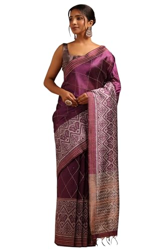Soch Womens Magenta Tussar Geometric Saree With Kantha Embroidery