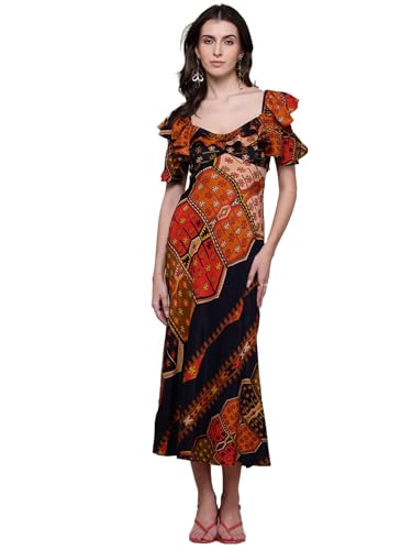 Label RITU KUMAR V Neck Frill Sleeves Printed Long Dress Black