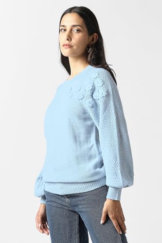 Women Light Blue Embroidered Round Neck Sweater