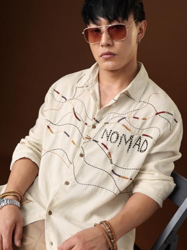 The Souled Store Nomad: Lines of Stitch Men and Boys Long Sleeve Spread Collar Beige Embroidered Linen Blend Casual Lightweight Easy to Style Office Wear Oversized Shirt
