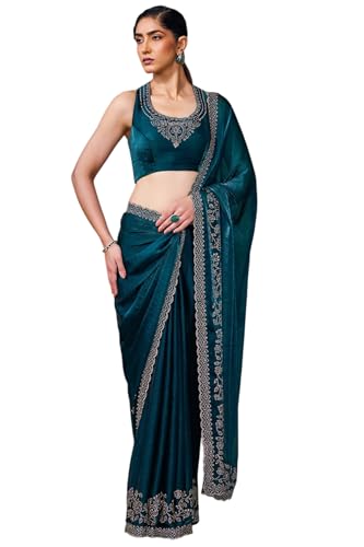 Soch Womens Teal Blue Fendy Chiffon Embellished Saree With Stone Work