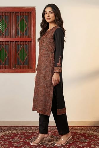 W for Woman Black Ethnic Motifs Woven Design Cotton Blend Straight Kurta with Pant and Dupatta Set - (WS13308-314491-L)