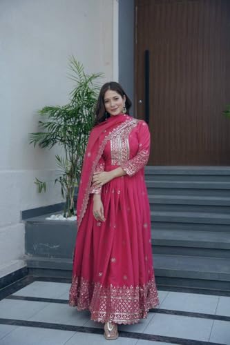 Women Most Beautiful Shimmer Silk Gown with Dupatta Long Dress, Latest Silk Long Anarkali Gown Set for Girls and Woman (in, Alpha, L, Regular, Women, Pink)