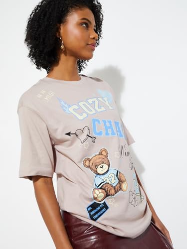 Max URB_N Women Oversized Graphic T-Shirt (Beige_XS)