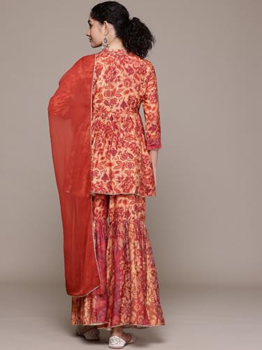 Aarke Ritu Kumar Rust Lavish Loom 3/4 Sleeve Kurta With Sharara And Dupatta