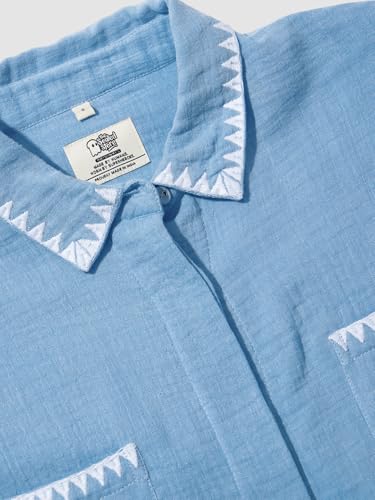 The Souled Store Textured Shirt: Sky Blue Women and Girls Long Sleeves Collared Neck Button Front Polyester Boyfriend Shirts