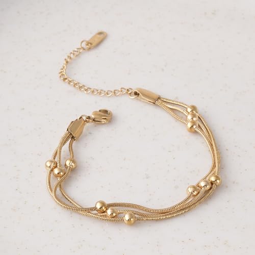 PALMONAS Gold Chain Bracelet with Beads for Womens - Waterproof & Anti-Tarnish, Gift for Girls & Women