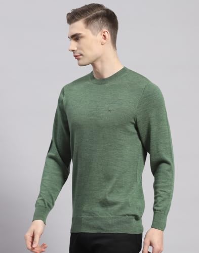 Monte Carlo Mens Green Solid Round Neck Full Sleeve Wool Casual Sweater | Warm Woolen Pullover for Men | Soft Comfortable Knitted Winter Wear Sweater for Men's