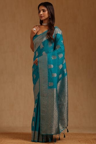 Soch Womens Blue Tussar Floral Zari Woven Saree