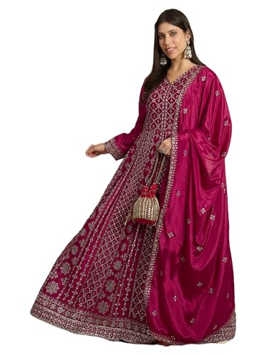 Miss Ethnik Women's Maroon Chinon Stitched Gown With Dupatta Full Sleeve Embroidered A-Line Gown (MEY-1236-Maroon-3XL)