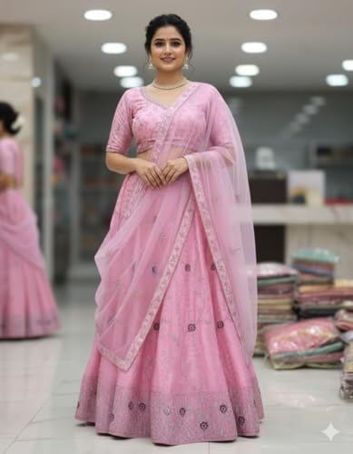 Woman's Jimmichu Embroidery Designer Lehenga Choli with Dupatta With Unstitched Blouse Stylish Design Wedding Lehenga Choli For Women (Pink)