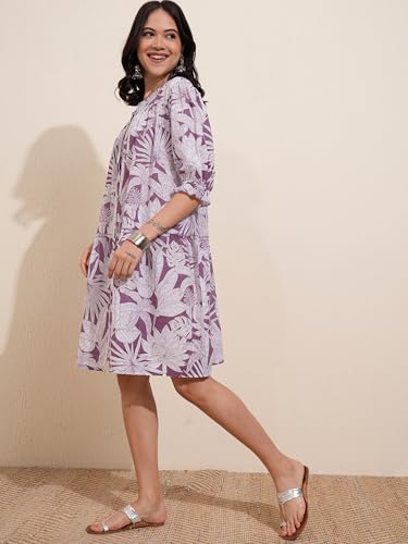 Vishudh Women Short Sleeve Round Neck Dress VPa1000193 Purple 2XL