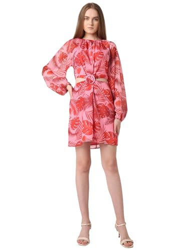 VERO MODA Women Tropical Print Pink Polyester Above Knee Length A-Line Dress