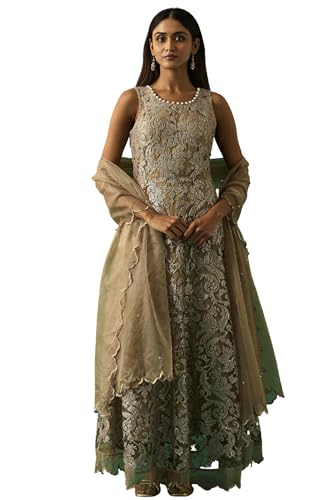 Wishful Women's Beige Embroidered Anarkali Dress with Churidar and Dupatta Set - (SP11508-401099-XL)