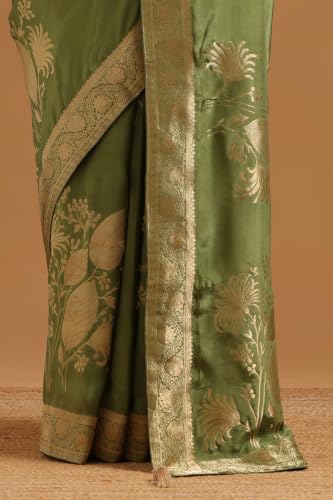 Soch Womens Olive Silk Blend Botanical Zari Woven Saree