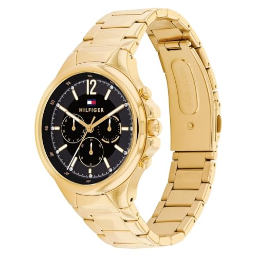 Tommy Hilfiger Sienna Quartz Multifunction Black Dial Gold Stainless Steel Strap Watch for Women
