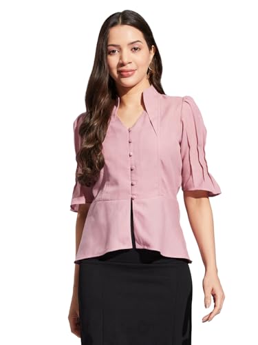 Latin Quarters Women Pink V-Neck Half Sleeves Solid Top Blouse for Casual Wear_XL