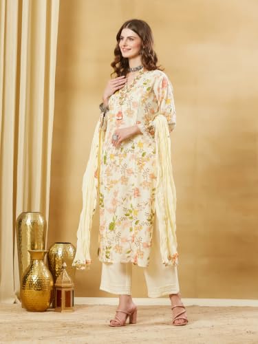 Divena Cream Cotton Floral Kurta Sets With Dupatta