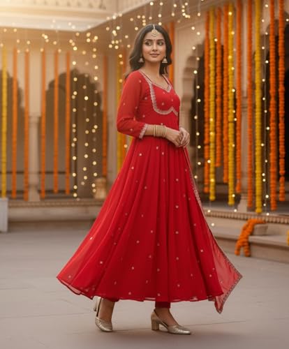 Leeli Peeri Designer Women's Faux Georgette Embroidery Anarkali Kurta Trouser and Dupatta Set XL