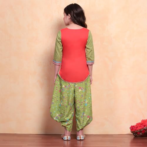 Biba Girls Org-Grn Straight Cotton Solid Kurta suit set
