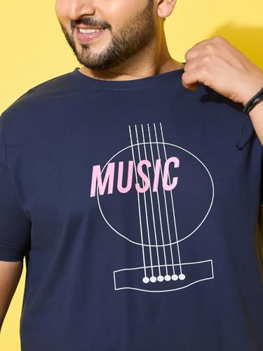 Bigbanana Men Plus Size Printed Navy Round Neck Tshirt (Rhythm,Navy,2XL)