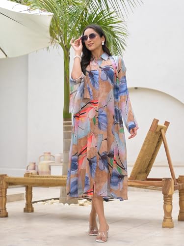 Divena Brown Digital Printed Chinon Kaftan Dress
