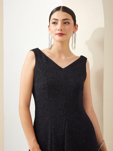 Latin Quarters Women Blue V- Neck Sleeveless A-Line Solid Party Dress_XL