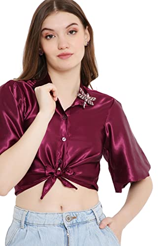 OJ Women's Purple Tie-up Crop Shirt (Medium)