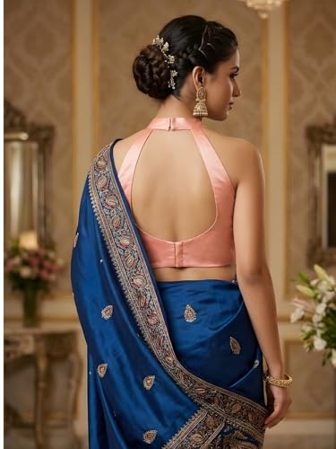 FVSHUN Women Customized Halter Neck Sleeveless Padded Readymade Blouse for Saree and Lehenga with Stretchable Sides (Peach, 36)