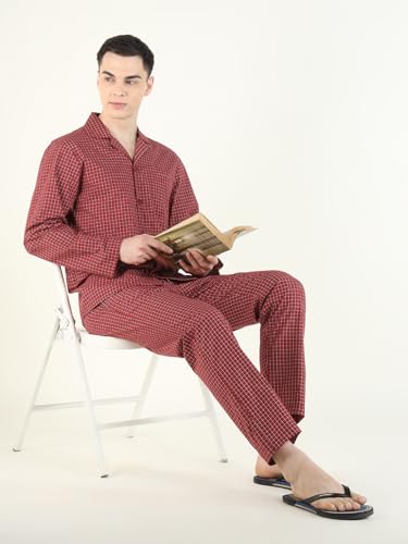 Hancock Men Cotton Checked Relaxed Fit Night Suit Red Size S