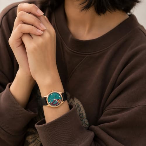TEAL BY CHUMBAK Round Dial Analog Watch for Women,Folksy Owl Collection, Solid Vegan Leather Strap,Gifts for Women/Girls/Ladies,Stylish Fashion Watch for Casual/Work - Black