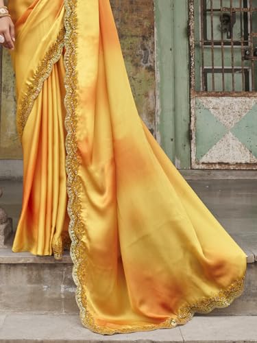 Zeel Clothing Women's Yellow Embellished Embroidered Satin Saree with Blouse (ZURI-1101-Yellow-Sarees-For-Womens, Yellow)