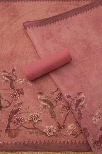 Soch Womens Onion Pink Linen Shimmer Bird Motifs Unstitch Dress Material With Thread Work