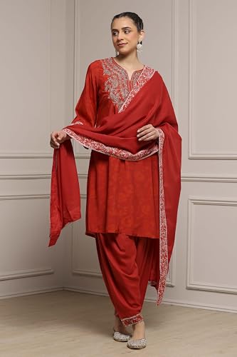 Biba Women Burnt Orange Viscose Blend Straight Printed Suit Set_42
