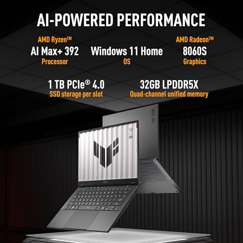 ASUS TUF A14 (2026),AMD Ryzen AI MAX+ 392, AMD Radeon 8060S iGPU,32GB RAM,1TB SSD, QHD+, 14"(35.5 cm),Windows 11, M365 Basic(1Y)* Office 2024,Jaeger Gray,1.48 Kg,FA401EA-RG020WS, Creator/Gaming Laptop