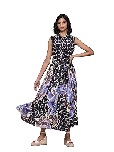 Label RITU KUMAR Collar Neck Sleevelesss Printed Long Dress Black