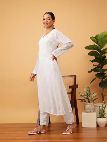 Ada Hand Embroidered Lucknowi Chikankari Viscose Georgette Kurta and Pant Set for Women A811292 White (M)