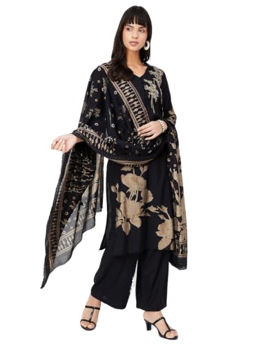 Max Women Floral Embroidered Straight Kurta Set(Black_XXL)